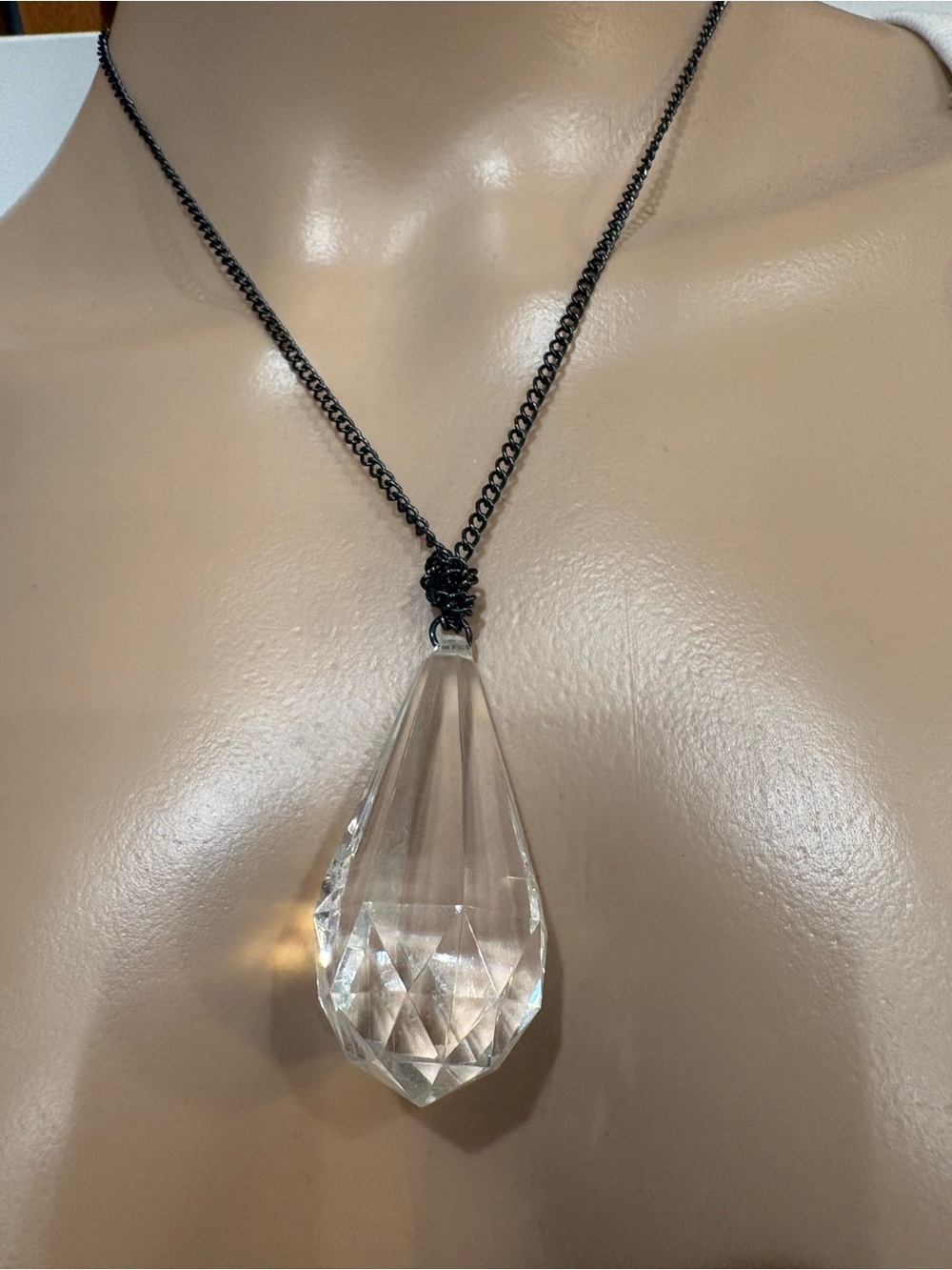 Clear Teardrop Crystal Pendant Necklace on Black Chain